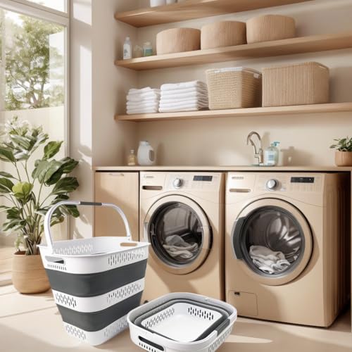 SAMMART 40L (10.5 Gallon) Collapsible Plastic Laundry Basket with Handles - Foldable Pop Up Storage Container/Organizer - Portable Laundry Hamper - Space Saving (2, White/Steel Grey) - color: White/Steel Grey