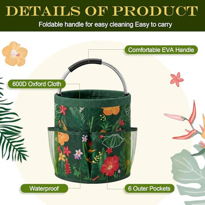 Bucket Tool Organizer, 6 Pockets Garden Bucket Caddy Foldable Buckets Caddy Organizer Fit 3.5 to 5 Gallon Buckets, Portable Gardening Tool Bag with Handle for Cleaning Home Garden(Green Leaves) - style: Green Leaves
