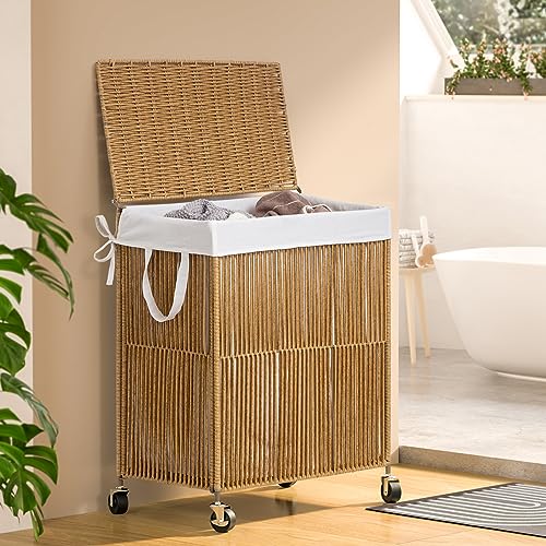 WOWLIVE Rolling Laundry Basket Wheels, Handwoven Laundry Hamper with Lid - color: Natural, size: 115L(22 x 13 x 26.4 Inches)