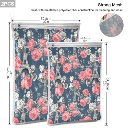 Mesh Laundry Bags Lingerie Bags for Washing Delicates 2 PCS Durable Wash Bag with Zipper Small and Medium Washable Blue French Eiffel Tower and Roses - color: Blue French Eiffel Tower and Roses