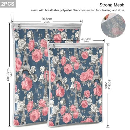 Mesh Laundry Bags Lingerie Bags for Washing Delicates 2 PCS Durable Wash Bag with Zipper Small and Medium Washable Blue French Eiffel Tower and Roses - color: Blue French Eiffel Tower and Roses