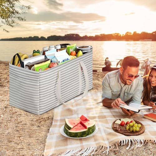 LHZK Standing Extra Large Utility Tote Bag with Metal Wire Frame and the Sides Rinforced, Extra Large Tote Bag with Handle, Reusable Grocery Bags Foldable, Beach Bag, Car Tote (Gray) - color: Gray, size: 22.5''x10.5''x12''-1 Pack