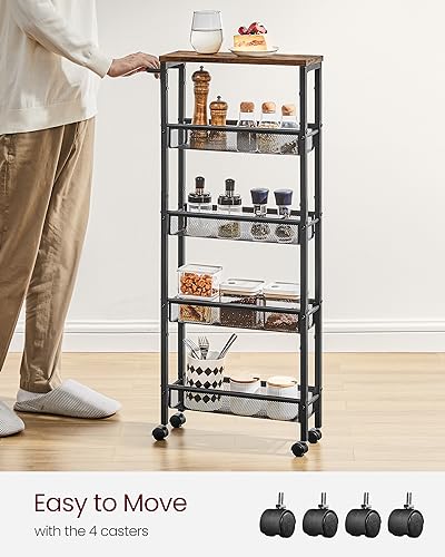 VASAGLE 5-Tier Slim Rolling Storage cart with Wheels, 5.1 Inches, Metal - color: Rustic Brown + Classic Black, size: 5 Tiers (5.1"D x 39.2"H)