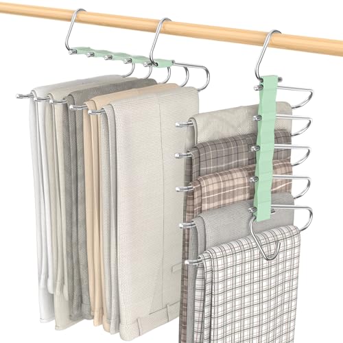 Loretoy 2 Pack Pants Hangers Space Saving, Anti-Slip Multi-Functional Pants Rack, Thickened Stainless Steel Tube, Two Hanging Modes Suitable for Jeans Trousers Skirts Scarf-Green - color: Green, size: 2 Pack
