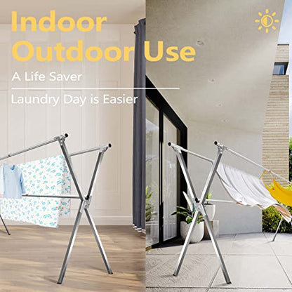 URYAN 95 Inches Clothes Drying Rack, Heavy Duty Stainless Steel Laundry Drying Rack Folding Indoor Outdoor, Portable Drying Rack Clothing, Blanket Rack Clothesline with 20 Windproof Hooks - size: 95"