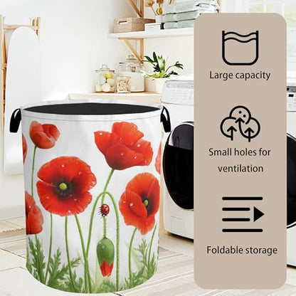 Red Flower Laundry Basket - Heavy Duty 60L Dirty Clothes Organizer, Water Resistant Foldable Hamper for Men Women - color: Red Flower