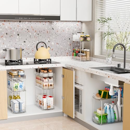 2 Pack 3 Tier Large Pull Out Bathroom Organizers and Storage,13.8″ Deep Sliding Kitchen Under Sink Organizer for Cleaning Products Storage,Acrylic Clear Bathroom inder Sink Organizer,Undersink Storage - style: 2 Pack-3 Tier
