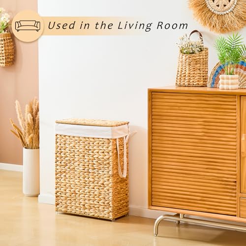 Slim Laundry Hamper with Lid, Handwoven Natural Water Hyacinth Basket - color: Natural, size: 65L