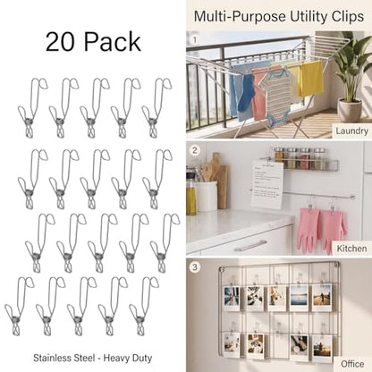 20 Pack Stainless Steel Clothes Pins with Hooks, 4.3 Inch, Heavy Duty Metal Clips for Hanging Notes, Photos, Laundry, Towels, Non-Slip Windproof