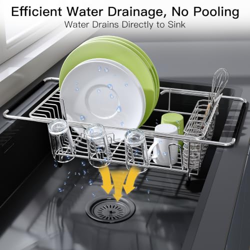 JASIWAY Stainless Steel Dish Drying Rack in Sink with Metal Utensil Holder - color: Silver, size: For 12"-30"w Sink, with Metal Utensil Holder
