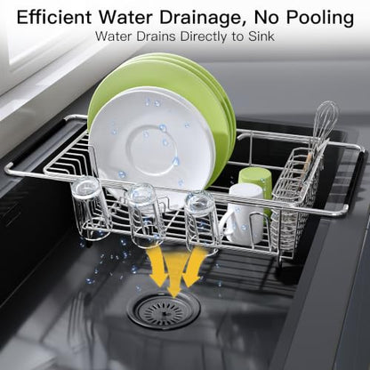 JASIWAY Stainless Steel Dish Drying Rack in Sink with Metal Utensil Holder - color: Silver, size: For 12"-30"w Sink, with Metal Utensil Holder