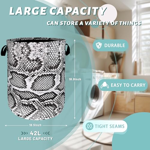 Grey Snake Print Laundry Basket Oxford Cloth Foldable Hamper 18.9x16.5 In - color: Retro Grey White Snake Texture