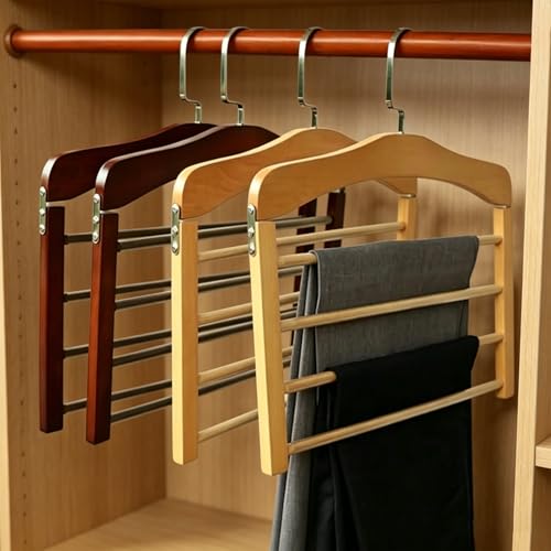 4 Tier Wooden Pants Hanger, Multi Layer Trouser Hanger, Solid Wood, with 360 Swivel Hook, Space Saving Closet Organizer for Jeans, Slacks and Scarves (Vintage)