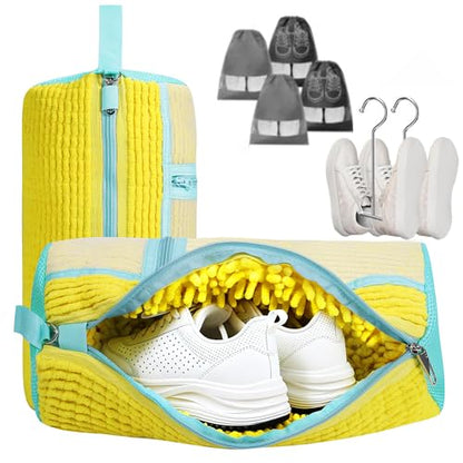 vorona Shoe Washing Machine Bag, 2PCS Reusable Shoe Bag for Washing Machine, 360° Deep Clean, Includes 4 Shoe Storage Dust Bags & 2 Drying Racks, XXL Laundry Shoe Bag for Sneakers Tennis Shoes, Yellow