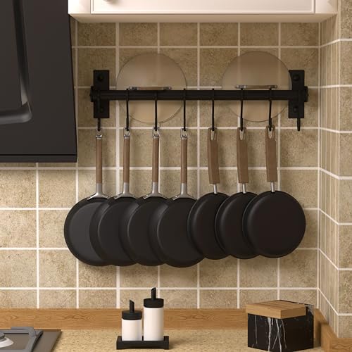 Dseap Kitchen Utensil Holder Hanger, Pot and Pan Rack Wall Mounted, Kitchen Rail with 8 Hooks for Hanging Cooking Utensils, Mugs, Spoons, Wall Mounted, Black - color: Black