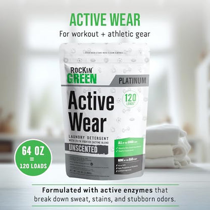 Rockin' Green Active Wear Laundry Detergent Powder & Odor Eliminator for Sportswear & Workout Clothes, Plant-Based Enzymes Target Sweat & Odor, Dermatologist Tested, Unscented, 120 Loads - size: 120 Loads
