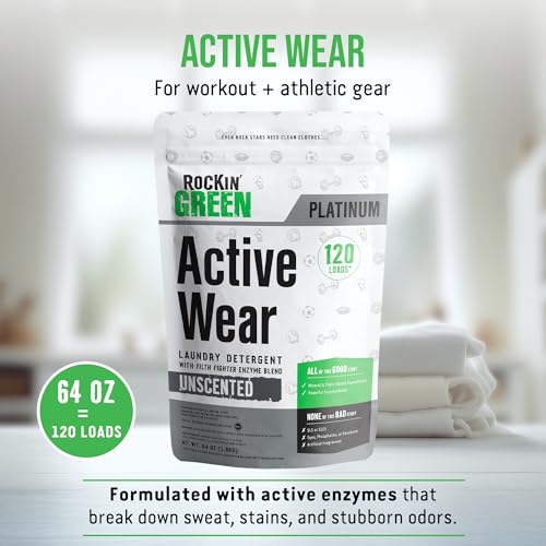 Rockin' Green Active Wear Laundry Detergent Powder & Odor Eliminator for Sportswear & Workout Clothes, Plant-Based Enzymes Target Sweat & Odor, Dermatologist Tested, Unscented, 120 Loads - size: 120 Loads
