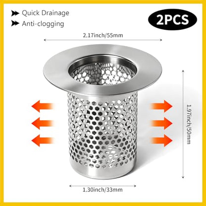Bathroom Sink Drain Strainer, 304 Stainless Steel Hair Catcher for Bathtub Shower Floor Drain, Bathtub Drain Cover Strainer Basket Fit 1.3" to 2.17" Drain Hole (2PCS) - size: Medium