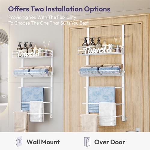 SWTYMIKI Over the Door Towel Racks for Bathroom - 5-Tier Wall Mounted Bathroom Towel Storage Organizer Holder with Metal Shelf, White - color: White