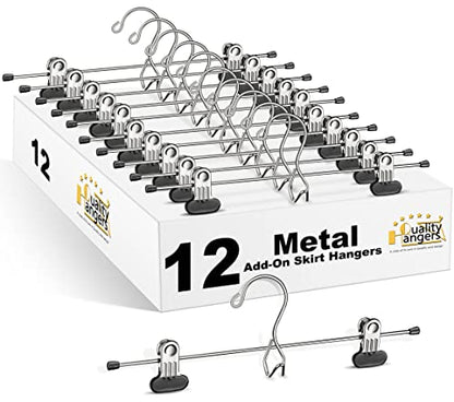 12 Quality Pants Hangers Heavy Duty Add-on Skirt/Slack Metal Hanger, Extra Wide Adjustable Clips, Multi Stackable Add on Hangers, Chrome, Jeans, Bottoms (12)