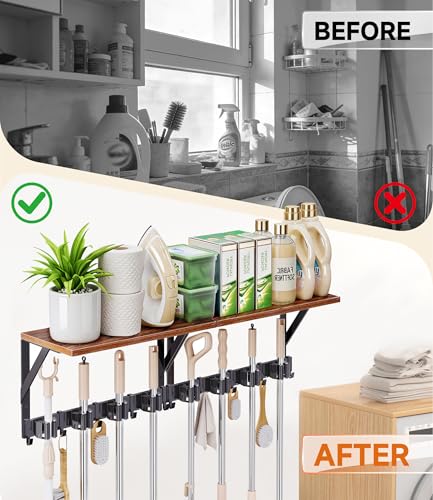 2Pack Broom Holder with Organizer Shelf 8 Broom Slots 10 Removable Hooks