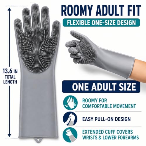 Silicone Dishwashing Gloves with Scrubber Bristles, Food-Grade Cleaning Mitts for Kitchen Dishes, Pet Grooming & Car Wash - color: Grey