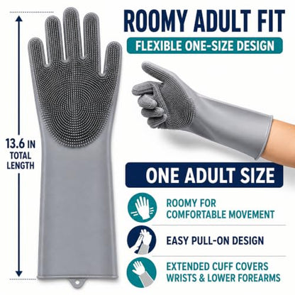 Silicone Dishwashing Gloves with Scrubber Bristles, Food-Grade Cleaning Mitts for Kitchen Dishes, Pet Grooming & Car Wash - color: Grey