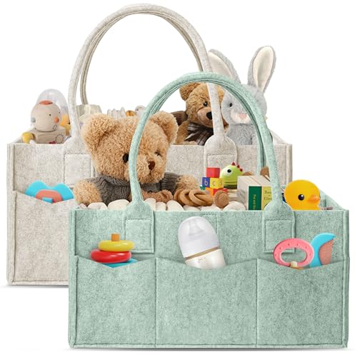 HIPHOP PANDA 2-Pack Diaper Caddy Organizer - Nursery Storage Bin & Car Organizer for Diapers, Wipes, and Baby Essentials - Dual-Color Solid Set (Green/Oatmeal), Large Size - color: Green and Oatmeal, size: Large