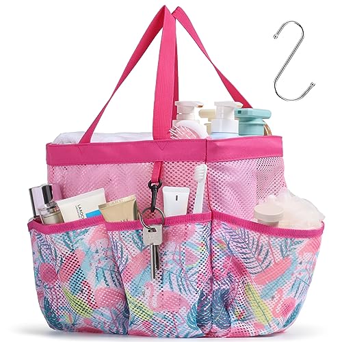 Mesh Shower Caddy Portable - 8 Pockets, S-Hook, Shower Bag for Dorm Camping - color: L, Pink Flamingo, size: L (Classic Dorm Caddy)