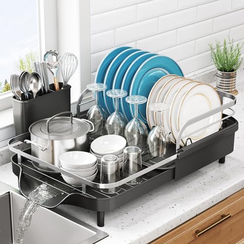 SNTD Expandable Dish Drying Rack for Kitchen Counter, 15.2-22.1 in, Black - color: Black
