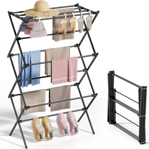 APEXCHASER Drying Rack Clothing, Metal Clothes Drying Rack Foldable for Clothe Towel, Collapsible Laundry Rack Indoor Outdoor Laundry Room, Black