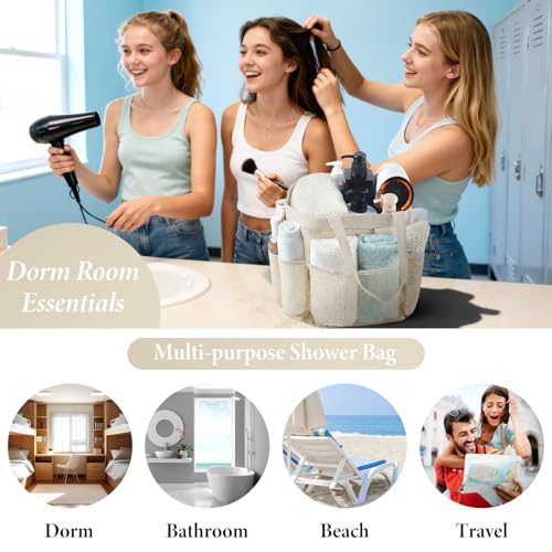 Mesh Shower Caddy Portable - 9 Pockets, Shower Bag for Dorm Room Camping - color: beige