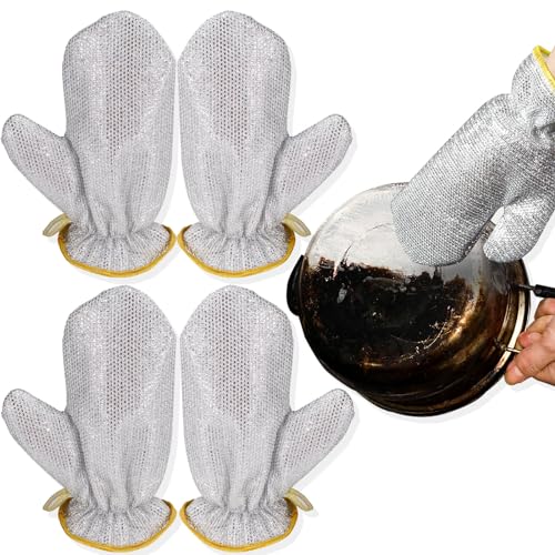 2 Pairs Dish Sponge Dishwashing Gloves, Non Scratch Dish Scrubber Dish Gloves, Waterproof Kitchen Scrub Sponges for Cleaning Dishes Pots Pans, 24x16cm/9.45x6.3in, Silver
