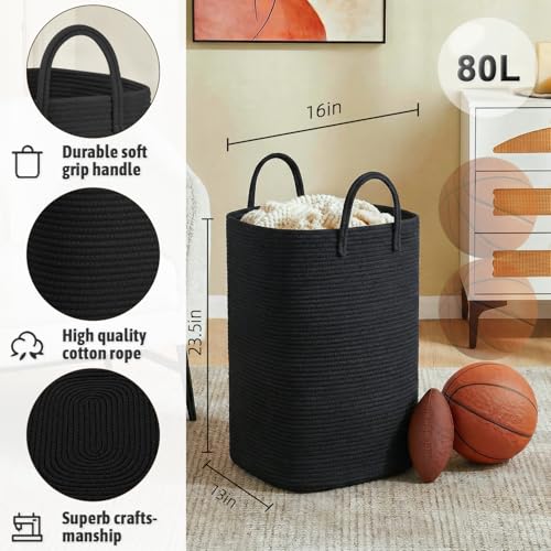Artfeel Laundry Basket,Woven Cotton Rope Laundry Hamper,80L Versatile Storage for Dirty Clothes,Baby Toys,and Blankets in Bathroom, Nursery,and Living Room - color: Darkblack, size: 80L