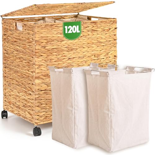 Livole Wicker Laundry Hamper with Lid & Wheel, Rattan Laundry Basket, 120L - color: Natural, size: 120L