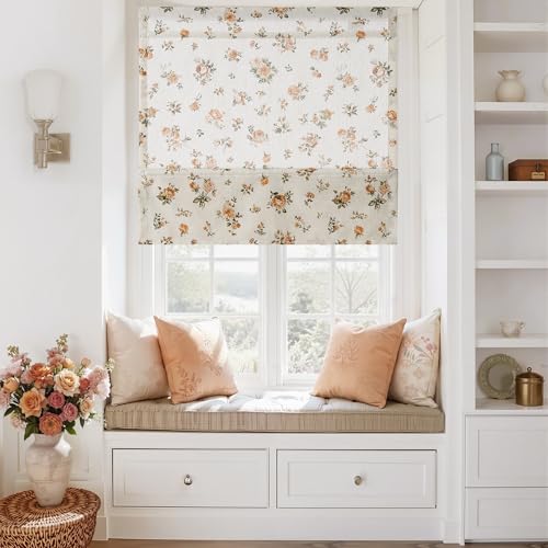 StangH Cordless Oak Yellow Linen Floral Roman Shades, W30 x L64, 1 Panel - color: Rose Oak Yellow, size: 30"W x 64"H