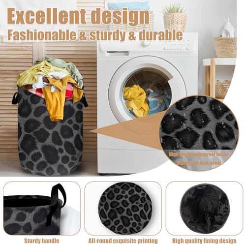 Grey Black Leopard Print Laundry Basket, Foldable Animal Leopard Laundry Hamper Tote Bag Dirty Clothes Storage Bucket Organizer for Bathroom/Laundry/Bedroom 15.7"x19.6" - color: Grey Black Leopard Print