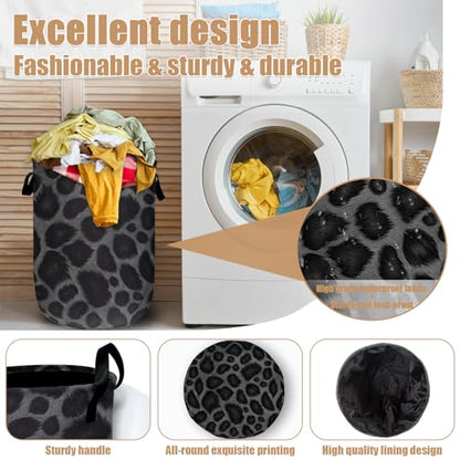 Grey Black Leopard Print Laundry Basket, Foldable Animal Leopard Laundry Hamper Tote Bag Dirty Clothes Storage Bucket Organizer for Bathroom/Laundry/Bedroom 15.7"x19.6" - color: Grey Black Leopard Print