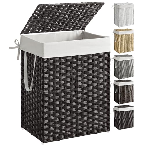 SONGMICS Laundry Hamper with Lid, 23.8 Gal (90 L) Synthetic Rattan,Foldable - color: Black, size: 90 L