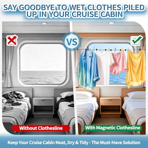 Magnetic Clothes Line for Cruise Ship, Upgraded Magnetic Travel Clothesline Essential, 2Pack Super Rubber Non-Scratch Magnets, Portable Clothesline for Cruise Ships Cabin, Hotel, RV and Camping