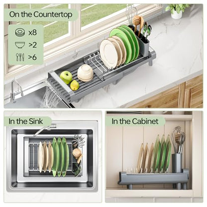 TOOLF Small Dish Drying Rack, Expandable and Space-Saving, Gray - color: Gray
