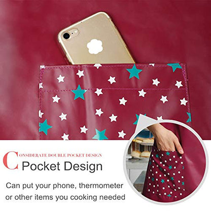 PU Kitchen Oil and Waterproof Aprons for Women with Pocket for Cooking Washing - color: Blue