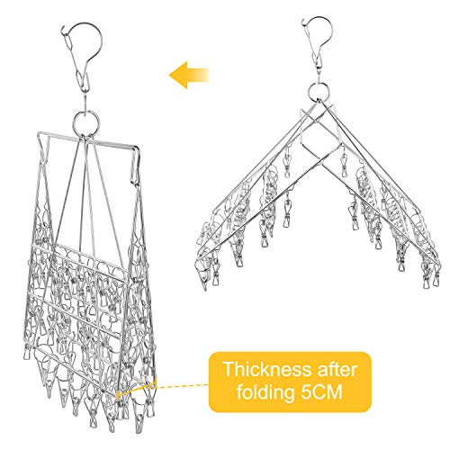 Folding Clothes Drying Hanger 36 Clips Stainless Steel Space-Saving Dryer Rack Washline with Peg for Sock, Underwear, Baby Clothes, Diapers and Hanging Small Washes