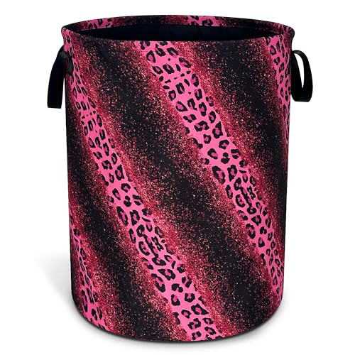 Pink Leopard Print Laundry Basket Foldable Oxford Cloth Hamper 18.9x16.5 In - color: Pink Leopard Print