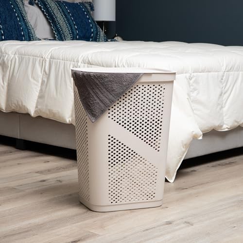 Mind Reader Slim Laundry Hamper with Lid, 60L Clothes Basket, Ventilated Plastic, Ivory - color: Ivory, size: Single