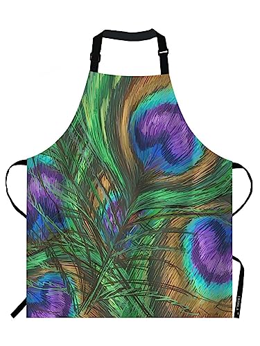 EKOBLA Peacock Feathers Aprons Animal Beautiful Colorful Digital Paint Shiny Green Purple Waterproof Resistant Chef Cooking Kitchen BBQ Adjustable Aprons for Women Men 27x31 Inch - color: Multi-a05
