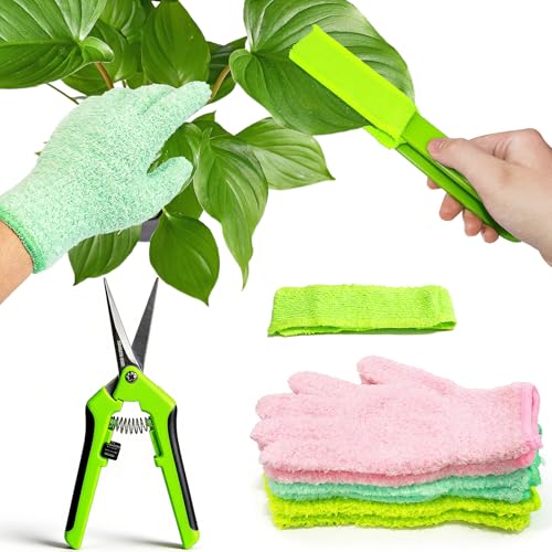 10 Pcs Plants Cleaning Set Plant Leaf Cleaner Leaf Cleaning Tongs with Reusable Microfiber Gloves and Flower Pruning Shears for House Plants,Window Blind