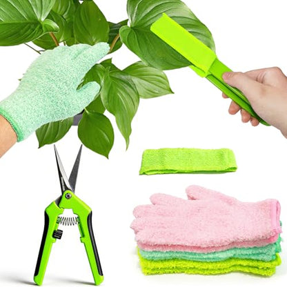 10 Pcs Plants Cleaning Set Plant Leaf Cleaner Leaf Cleaning Tongs with Reusable Microfiber Gloves and Flower Pruning Shears for House Plants,Window Blind