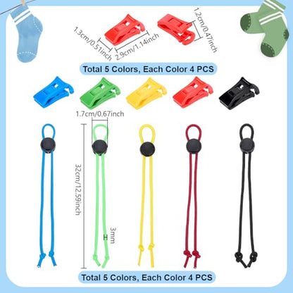 PH PandaHall 40pcs Sock Ties with Windproof Clips Set Laundry Strap Socks Clips Set Sock Locks Strap Your Socks Laundry Organize Tie Clips for Washing Machine and Dryer(20+20 5 Colors)