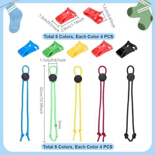 PH PandaHall 40pcs Sock Ties with Windproof Clips Set Laundry Strap Socks Clips Set Sock Locks Strap Your Socks Laundry Organize Tie Clips for Washing Machine and Dryer(20+20 5 Colors)